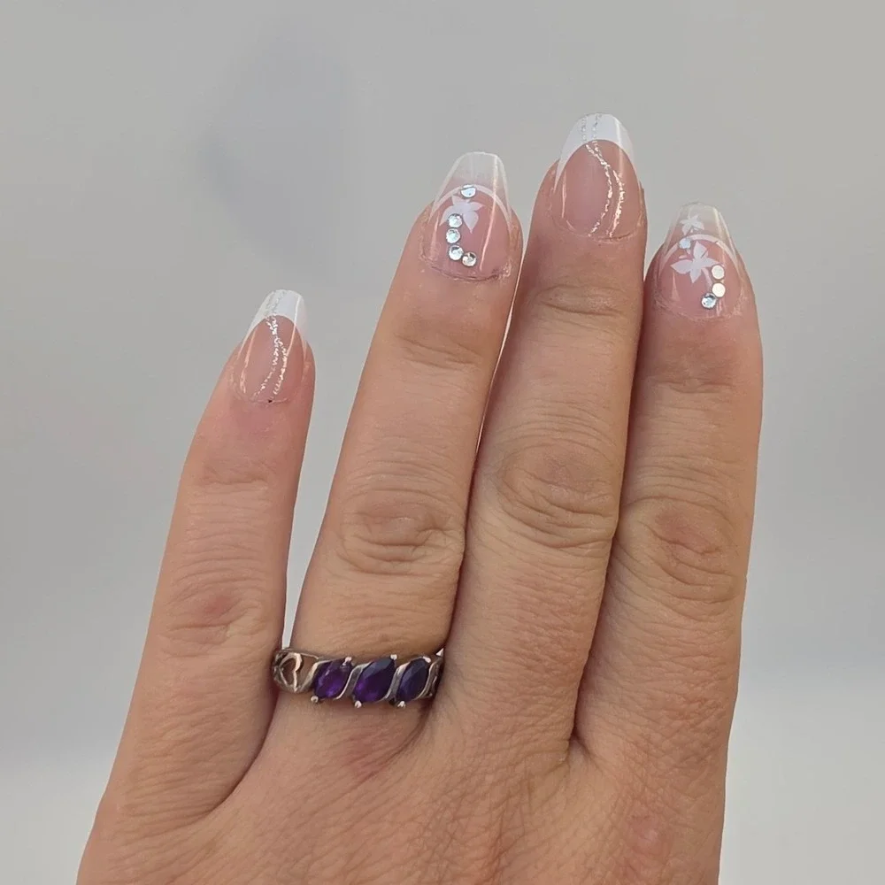 925 Sterling Silver Marquise Amethyst Heart Cutout Ring Size 8 Purple Gemstone